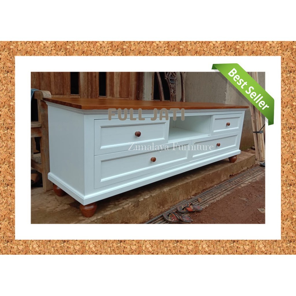 MEJA TV JATI KLASIK WARNA PUTIH MIX NATURAL KAYU FULL JATI