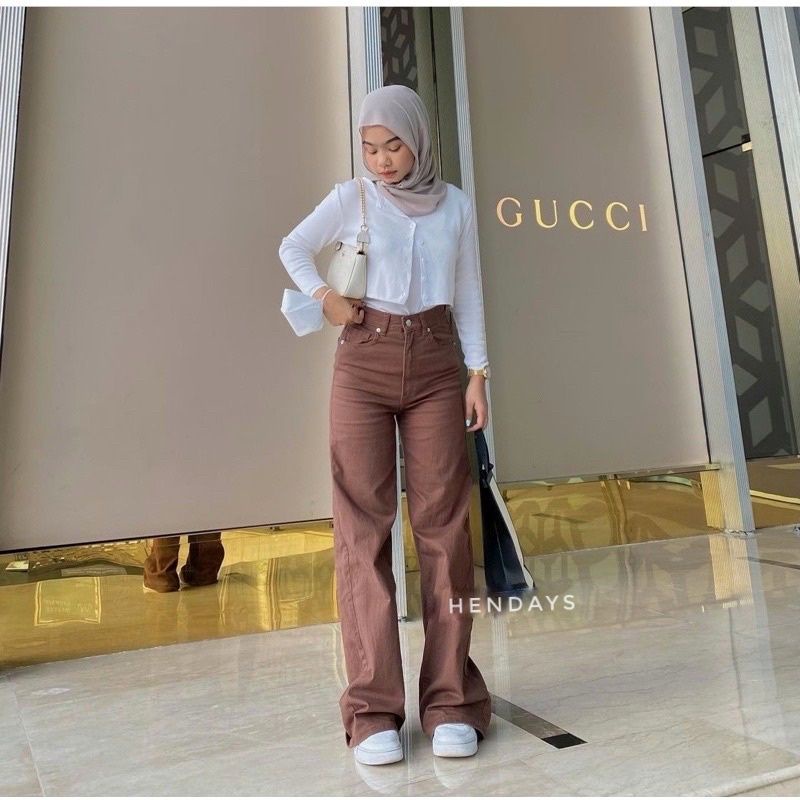 Highwaist loose jeans wanita Choco