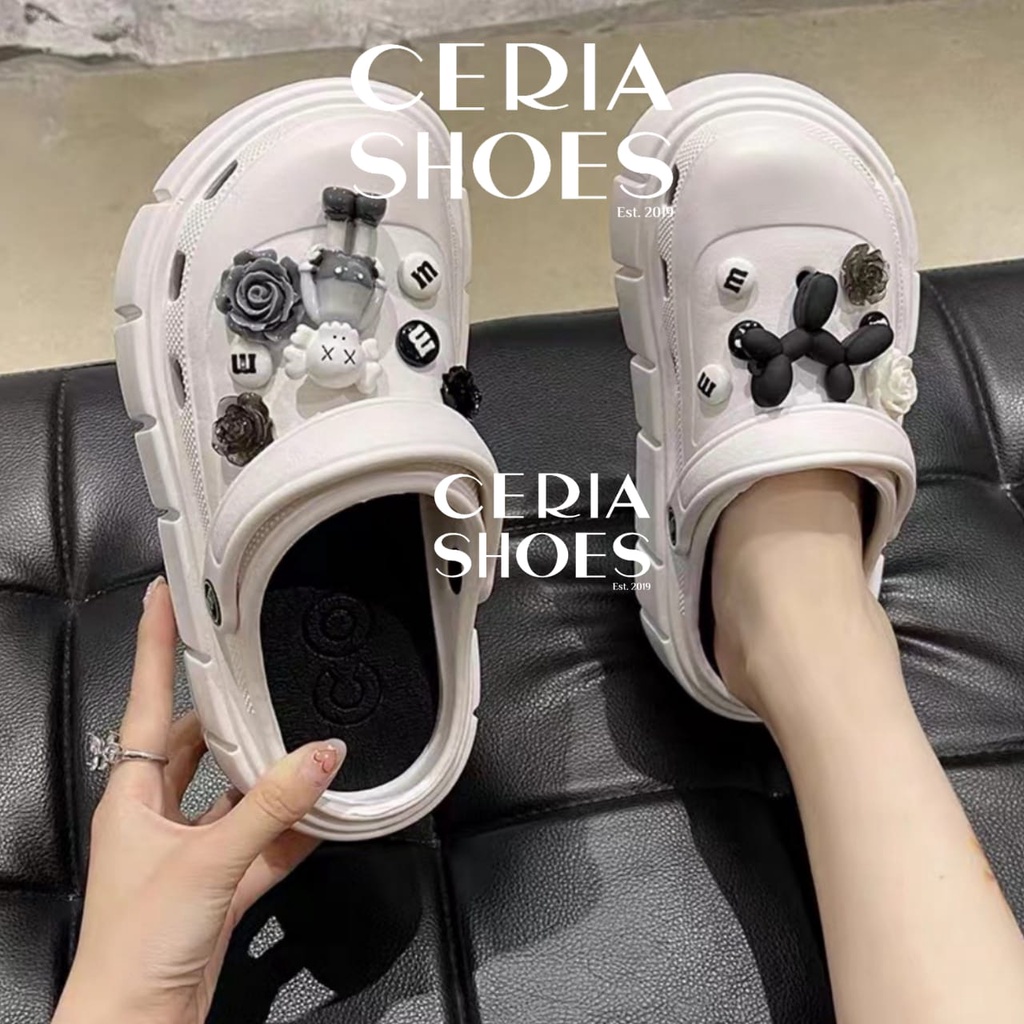 EVA Sandal Slop Wanita Korean Import Spons Rubber Tebal Tinggi Karet Ringan Super Empuk Anti Slip Wedges Slides include Jibbitz Summer Sandals