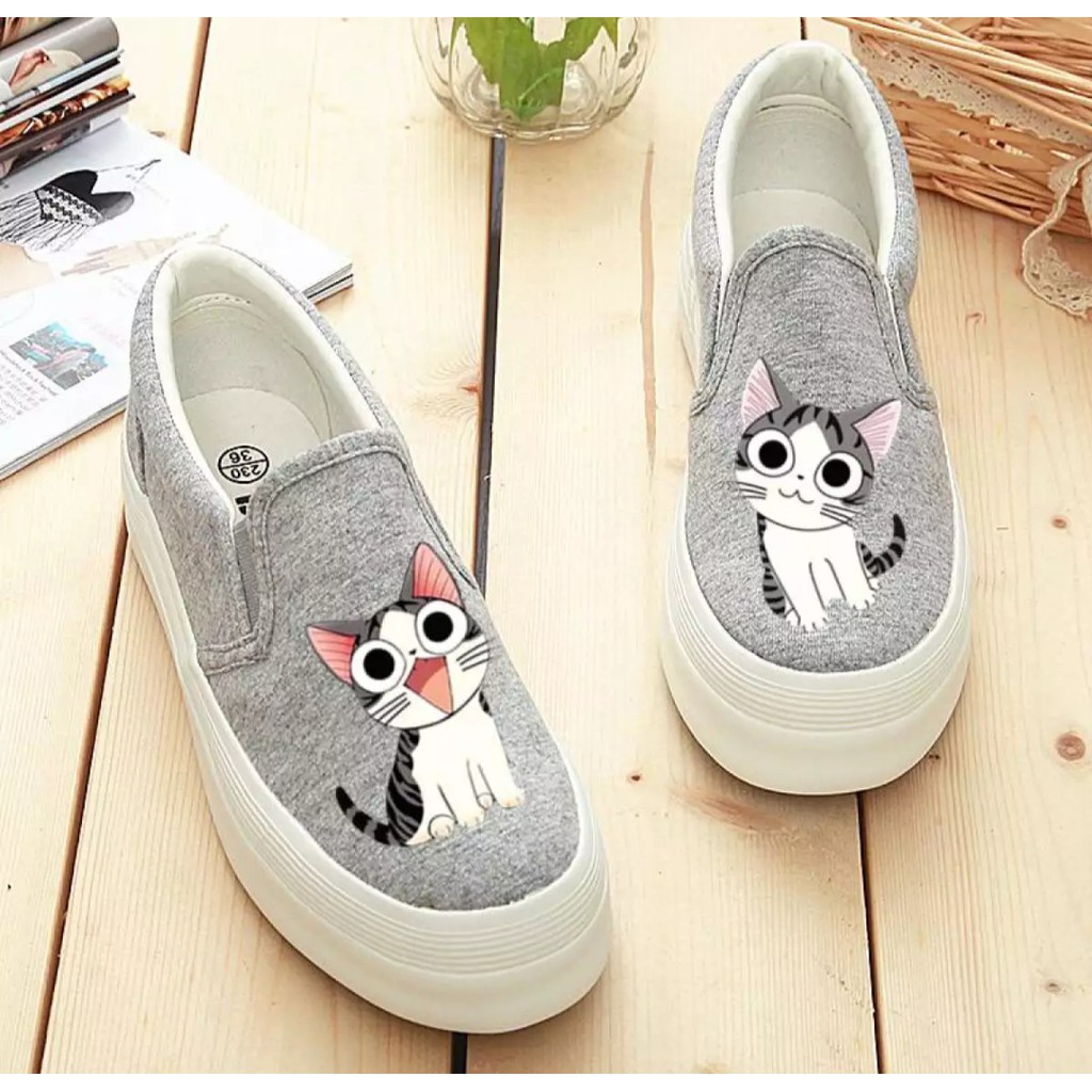 HD- SEPATU WANITA SLIP ON MEOW CAT PRINTING MURAH - HITAM PUTIH ABU DAN BIRU DONGKER