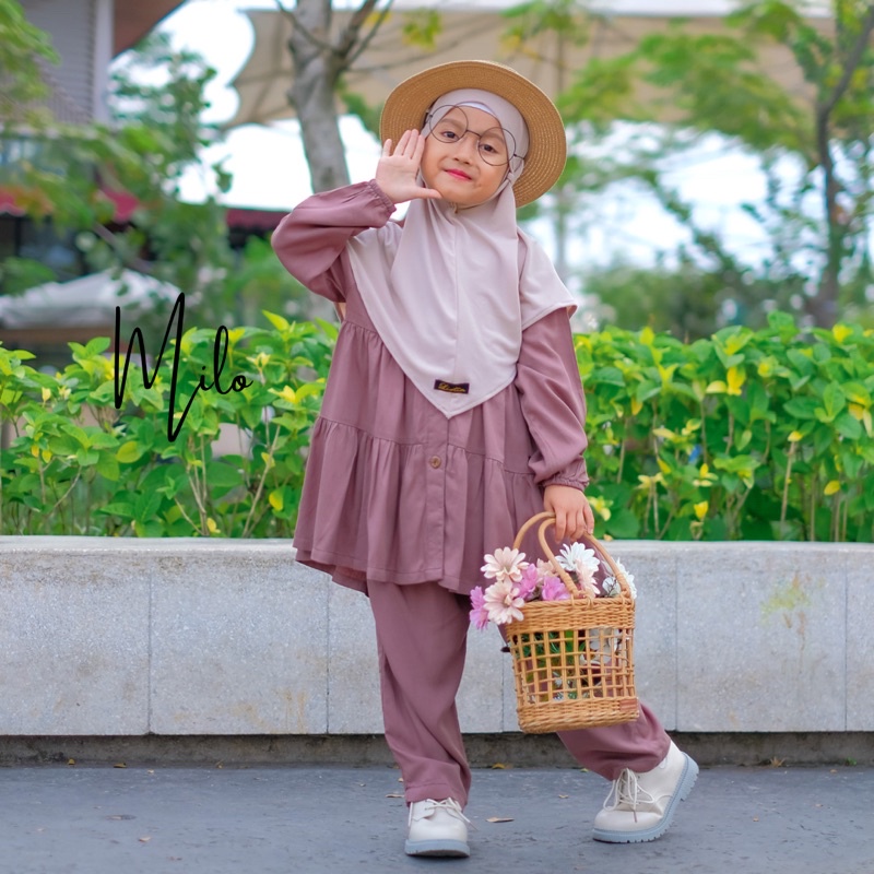 One set Anak NIRMALA- Setelan celana anak perempuan rayon polos 1 2 3 4 5 6 7 8 9 10 tahun Paud SD murah premium by listiaforkids