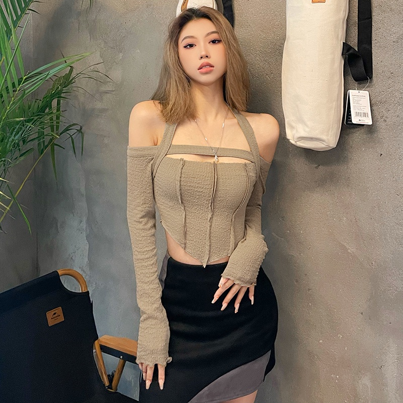 #Sisjuly# Fashionable peri seksi halter neck lengan panjang T-shirt wanita ulzzang bottoming kemeja