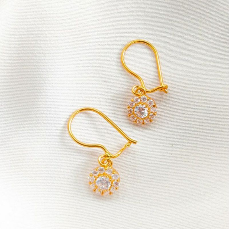 Anting wanita Batu Permata Putih bulat Earring Perhiasan Emas asli