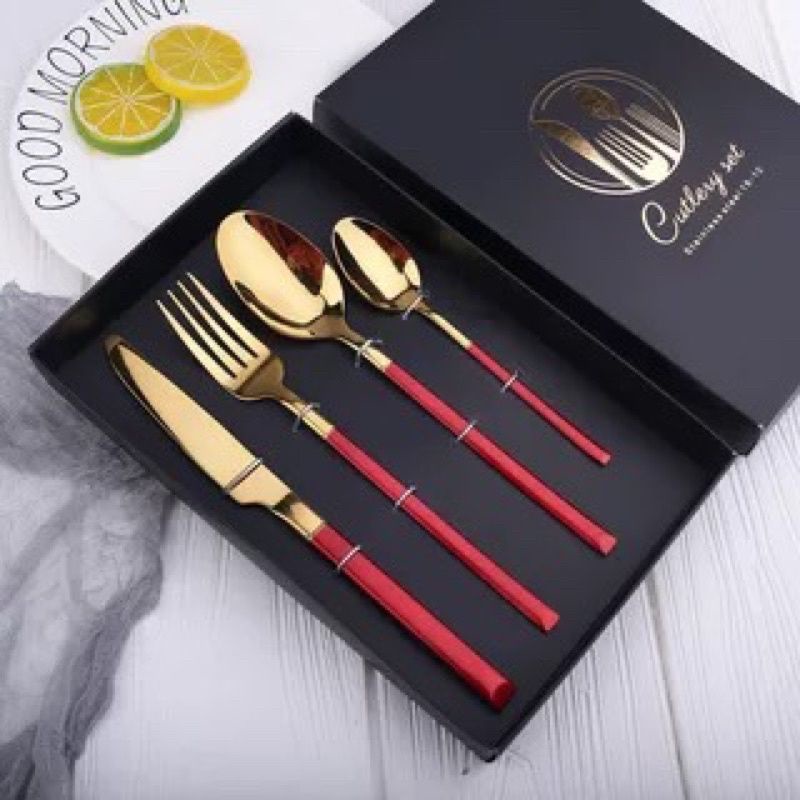 Cutlery Set Golden BNIB Alat Makan Sendok Garpu Knive Tea Spoon Fork Chopstick Gold Pink Black Malang Food Foodies Fancy Pretty Beautiful Round Platter Photograph Photography Premium Quality Stenlis Stenlish Steel Hoki