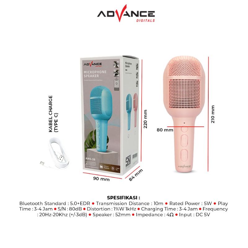 Advance Mic Bluetooth Karaoke Microphone Advance AMS-58 Speaker Bluetooth Wireless Pengubah Suara Mikropon Wireless Smule Speaker Portable