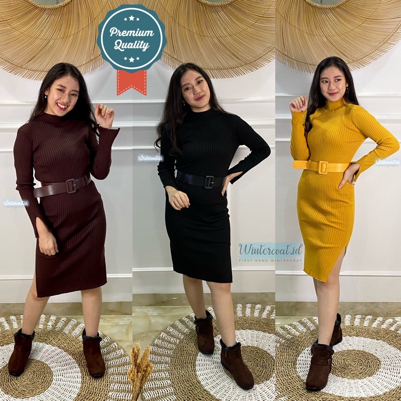 Sweater dress wanita import turtleneck panjang hangat belt korea