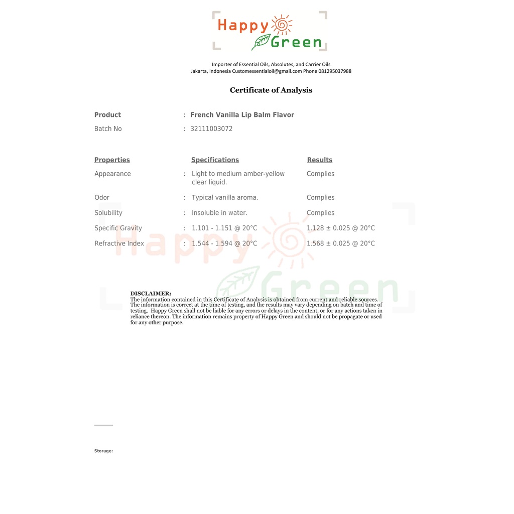 Happy Green French Vanilla Aroma For Lip Balm - Aroma Vanilla Untuk Lip Balm Lip Gloss Lip Stick