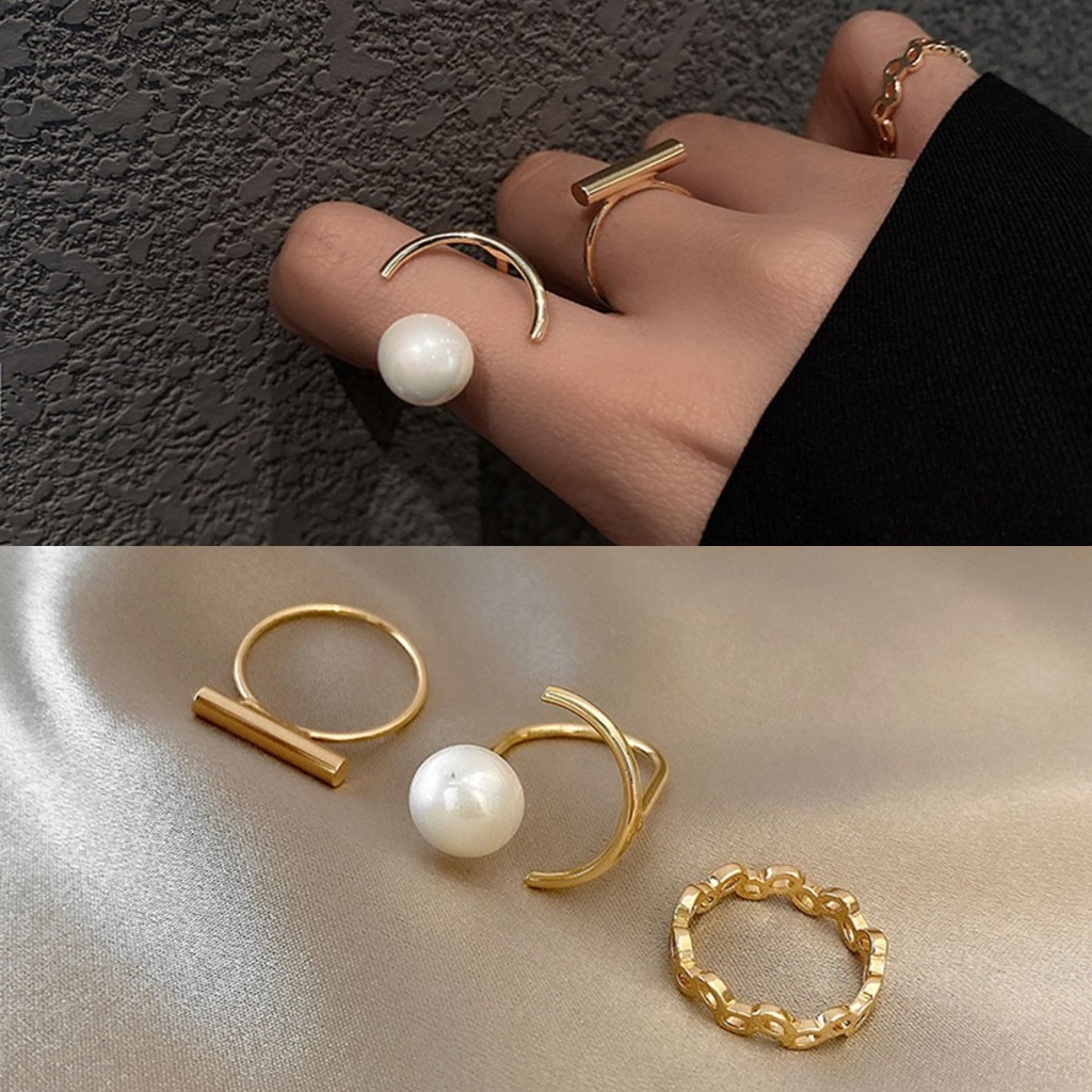 【COD Tangding】3pcs / SET Cincin Jari Telunjuk Hias Mutiara Untuk Wanita