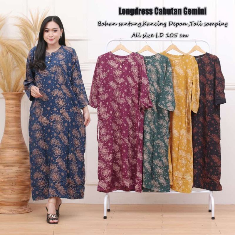 LONGDRESS CABUTAN CINCIN LENGAN PANJANG DASTER PANJANG KANCING DEPAN BUSUI DASTER ADEM MURAH GRIYA BATIK-LD GEMINI
