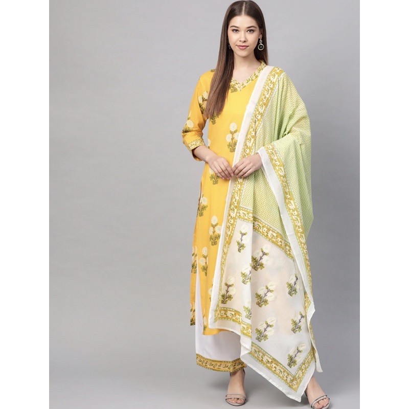 Setelan Kurti Asli Size M XL Indo Era Warna Yellow & White dengan Palazzos & Dupatta / Kurti Asli wa