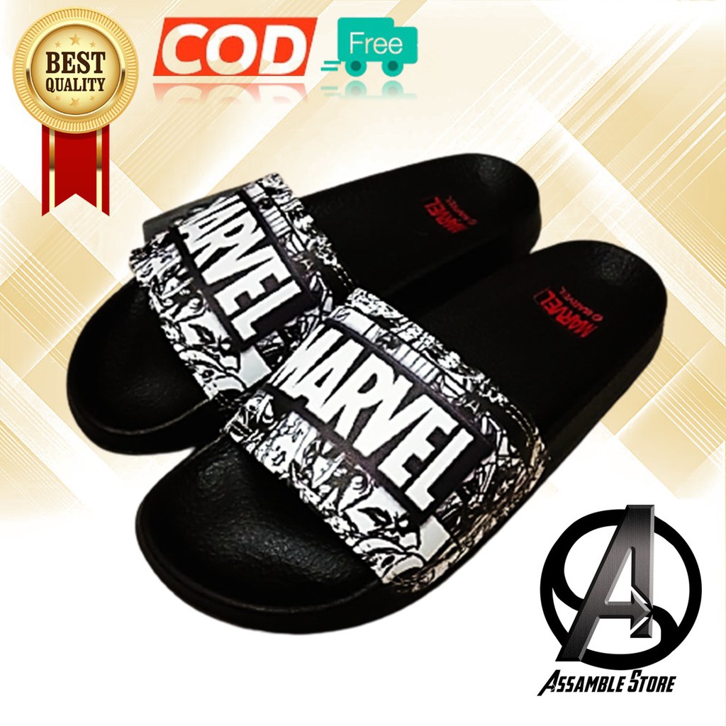 Sendal jepit Slop pria wanita Vans Comic Logo Marvel Hitam Putih Sandal