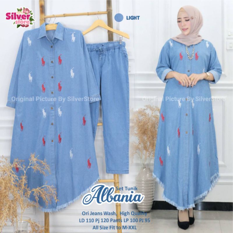 Albania One Set Setelan Celana Tunik Jeans Rawis Bordir Polo Ld 110 Jumbo Fit XXL Busui Kancing By S