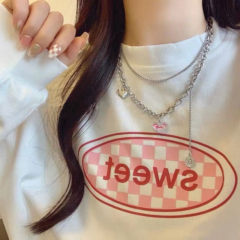 Kalung Rantai Klavikula Double Layer Desain Hati Warna Pink Gaya Korea Hip Hop Untuk Wanita