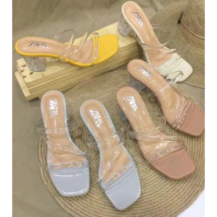 Sandal Hells Z A R A Hak Kaca | Sandal Hak Kaca kerut hills Andin fashion kekinian