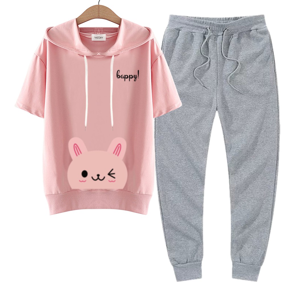 BESS - Baju Setelan Wanita Murah / Setelan Hoodie Crop Lengan Pendek + Jogger Abu - HAPPY CAT