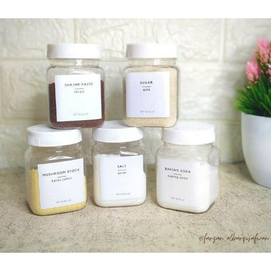 Toples Tempat Bumbu Dapur Kotak 200ml Set Aesthetic Free Sendok Label Minimalis Waterproof (2 bahasa)