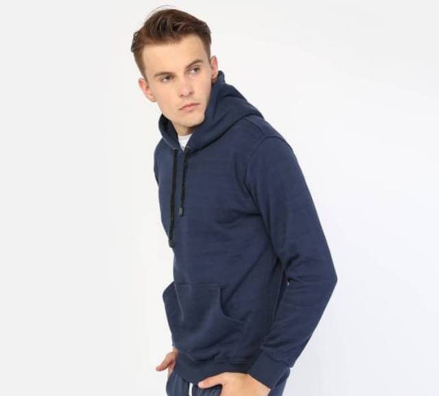 Jaket sweater hoodie jumper polos real cotton fleece murah Navy Biru dongker