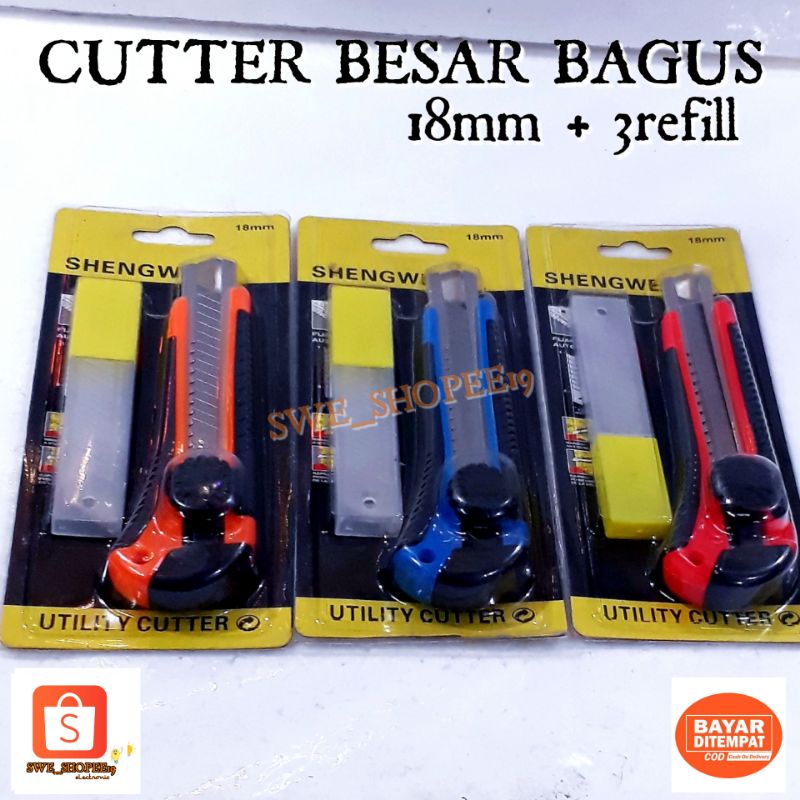 

PISAU CUTTER BESAR ADA REFFIL / PISAU CUTTER BESAR PUTAR / PISAU CUTTER BESAR 18MM ISI 3 REFIL