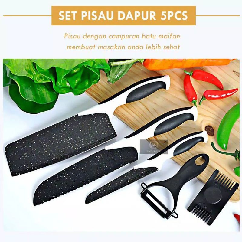 Pisau Set Dapur 5in1 isi 5pcs Maifin Hitam  / Pisau set 5 pcs / PISAU DAPUR SET 5 PCS/PISAU KERAMIK Set Pisau Dapur isi 5 pcs Maifan /  Pisau Dapur + Peeler Hitam 515 Pisau set batu maifan 5in1