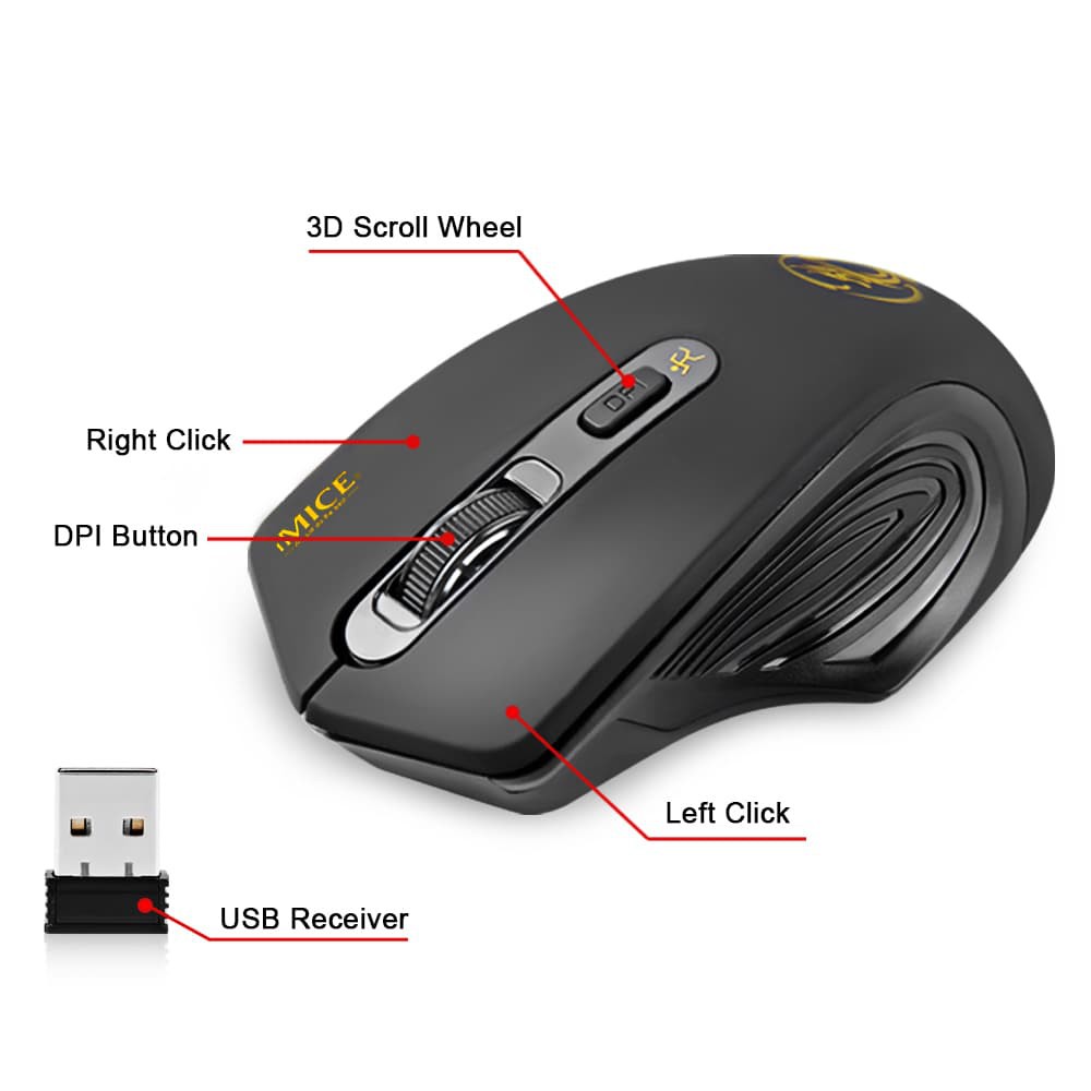 iMice Ergonomic Wireless Gaming Mouse 2000 DPI Silent Version - G1800 - Black