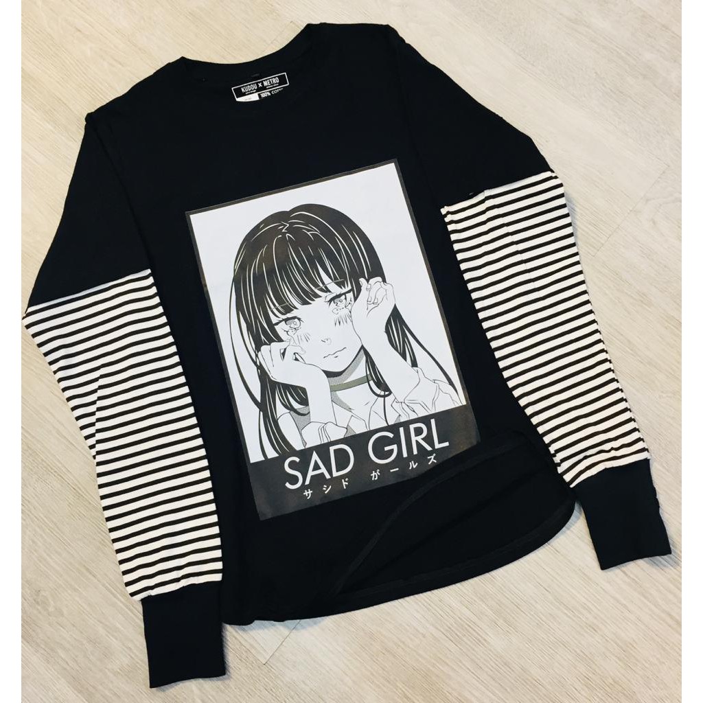 Longsleeve Double Layer Sad Girls Streetwear Oversized Black Anime Character Premium