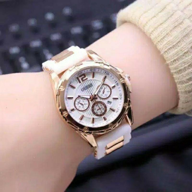 Best Selller (COD) JAM TANGAN FASHION WANITA MURAH GUESS TALI RUBBER TANGGAL AKTIF  | JAM TANGAN MURAH-FREE BOX &amp; FREE BATERAI