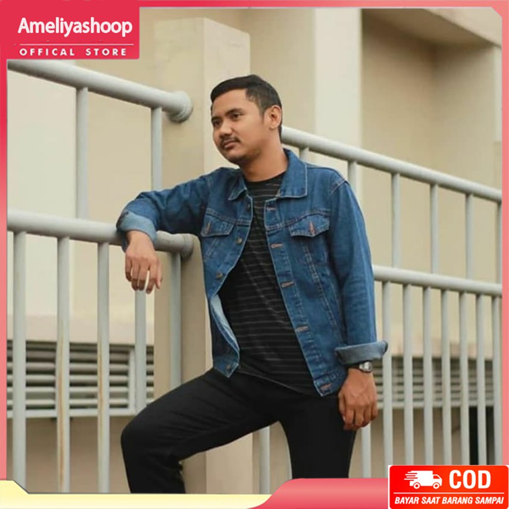 Jaket denim pria biru tua / jaket jeans pria bio wash / jaket pria oversize jacket