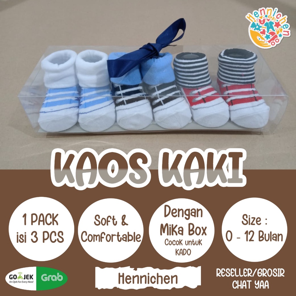 3 Pasang Kaos Kaki Bayi Lembut 0-12 bulan Dengan box Mika