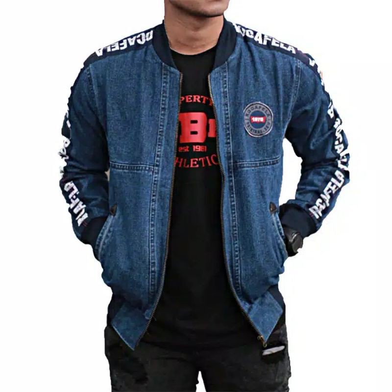 [READY STOCK] JAKET JEANS PRIA / COWOK SENWASH BLUE SANDWASH BOMBER DENIM RCFL / ROCAFELA ORIGINAL