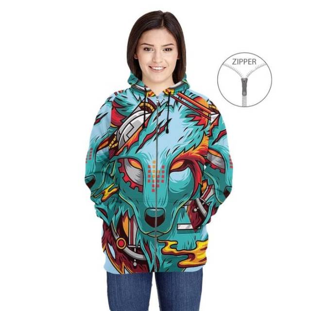 Jaket Hoodie Wanita WOLF GRAPHIC 3D Fullprint Premium model zipper