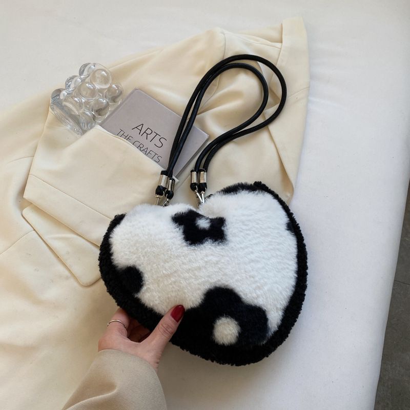 [littlecrab] Tas Love Hitam Putih Bulu Model Catur Zebra Bunga Monokrom Tas Bahu Bulu Lembut Cute Love Woman Bag Fluffy Black White Chess Flower Tas Berkualitas Korean Style