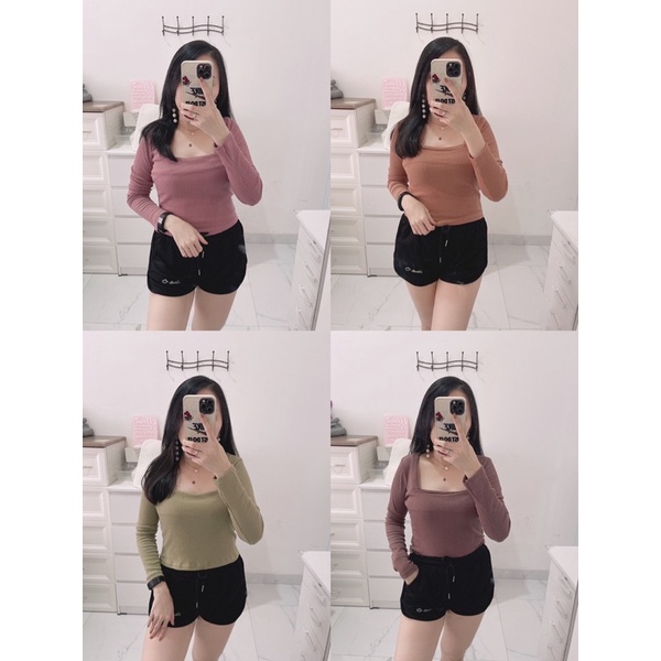 atasan wanita polos lengan panjang rajut square  import.croptop polos wanita lengan pjg import.top lengan panjang polos murah kekinian.top lengan pjg leher square