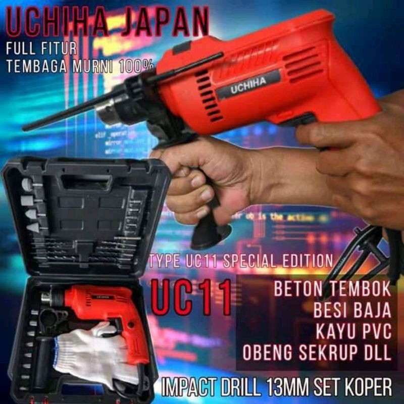 Bor drill koper fulset mesin bor UCHIHA 13 mm beton besi kayu komplit original