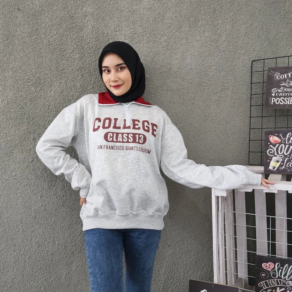 COLLEGE 13  Sweater Crewneck Berkerah Oversize-Outerwear Pria Wanita Terbaru Fashion Terkini Korean Style