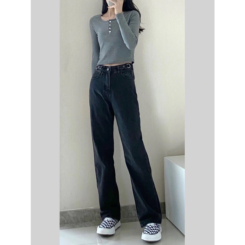Import Bergaya Hitam Highwaist Loose Kulot Jeans Wanita