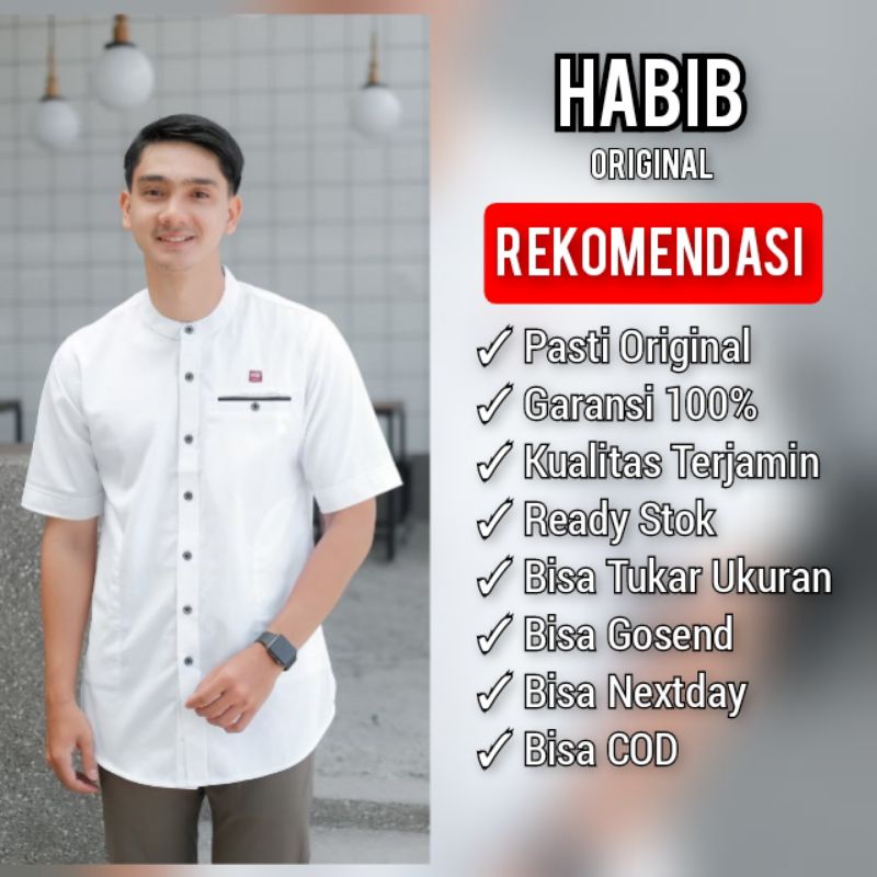 HABIB Kemko Premium Muslim Style Kemko List lengan pendek kemeja koko pakistan polos warna putih seri2 art KMHP 002