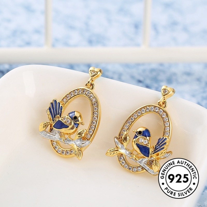 Anting Tusuk Motif Burung Bahan Sterling Silver 925 Warna Emas Untuk Wanita