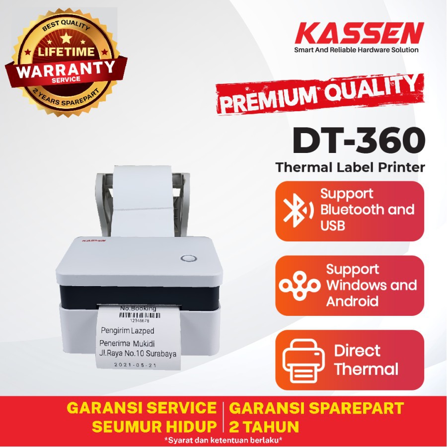 KASSEN DT-360 PRINTER THERMAL LABEL BARCODE STICKER 80MM USB BT FREE HOLDER