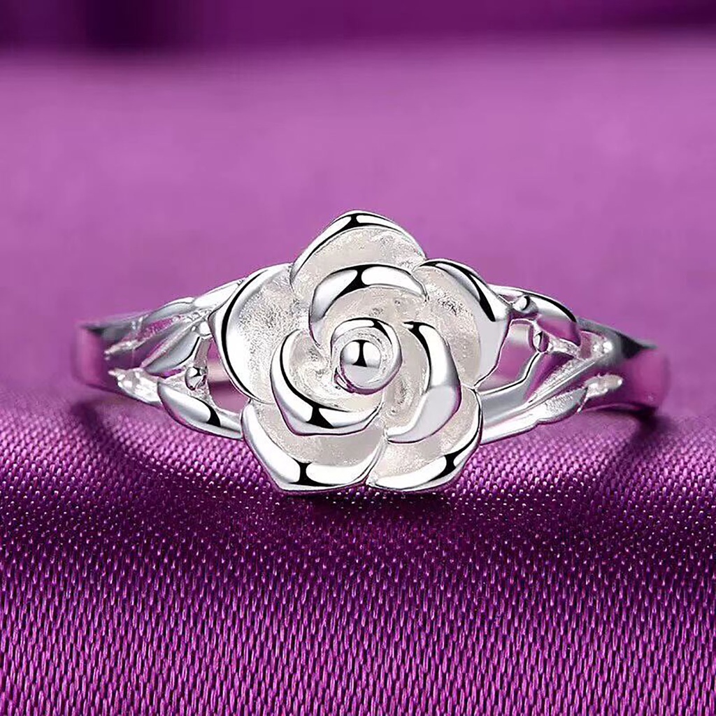 Hu Hu Hu Hu Hu Alat Bantu Pasang Kacamata♡ Cincin Tunangan Desain Bunga Mawar Hollow Bahan Tembaga Warna Silver Gaya Retro Untuk Wanita