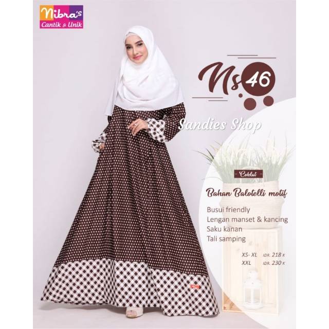 Gamis Dewasa NS 46 Nibras / NS 46 Nibras / Gamis polkadot NS 46 Nibras /Gamis wanita polkadot Coklat