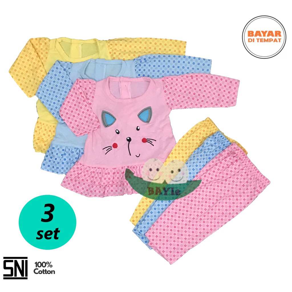 BAYIe - 3 SET Setelan Baju bayi Panjang Perempuan motif CAT MOM'S GIFT 0-12 bulan Bahan 100% Katun