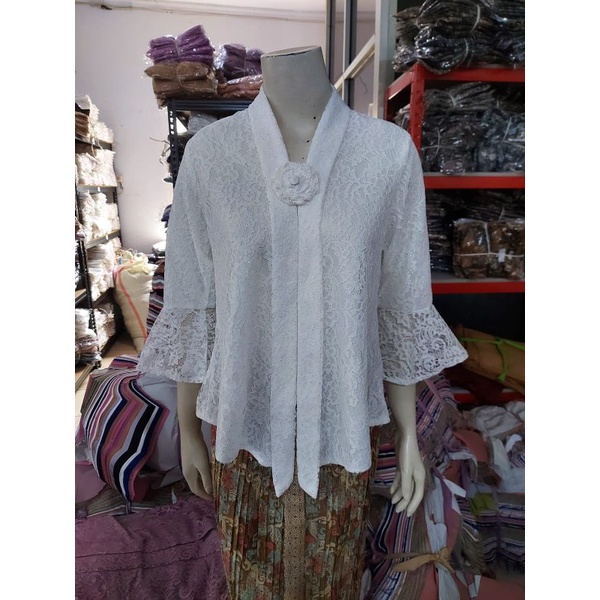 (BrTr92/100/110) Kebaya Floy Brokat GLITTER  7/8 busui TEROMPET KeroncongBusana-Putih