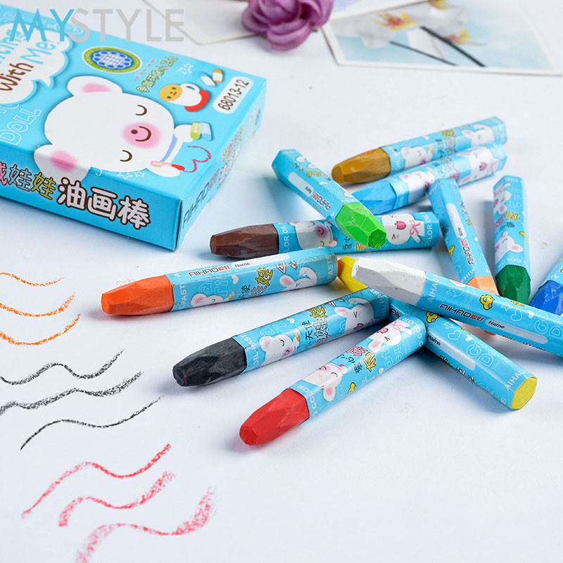 CRAYON SET OIL PASTEL 12 WARNA PENSIL WARNA ALAT MEWARNAI ALAT LUKIS ANAK PINK BIRU