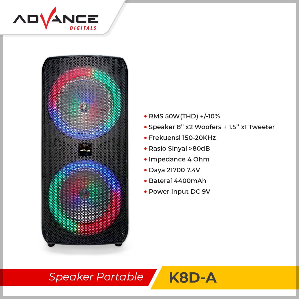 Advance Digitals K8D-A Speaker Meeting Bluetooth Salon Aktif 8&quot; Gratis 2 Mic Karoke Batrei Besar RGB Light TWS