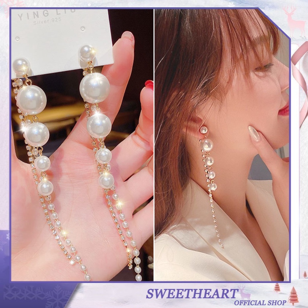 Anting Gantung Panjang Tusuk Silver S925 Gaya Korea Motif Hati Aksen Rumbai + Mutiara + Berlian Untuk Wanita