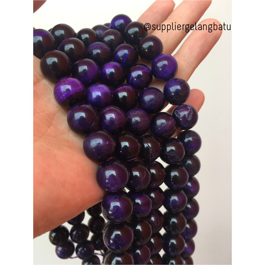 Purple Tiger Eye Biduri Sepah Ungu Mata Singa 14mm Natural Akik Bahan Serat Emas Gold Bahan Aksesori