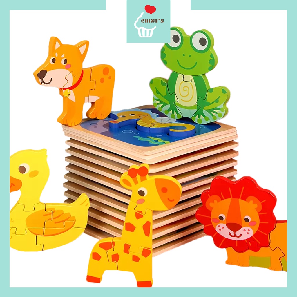 3D Puzzle | Matching Chunky Puzzle | Wooden Puzzle Kayu | Puzzle Timbul Tebal | Hewan Binatang Kendaraan Transportasi | Mainan Edukatif Edukasi Anak Balita Bayi