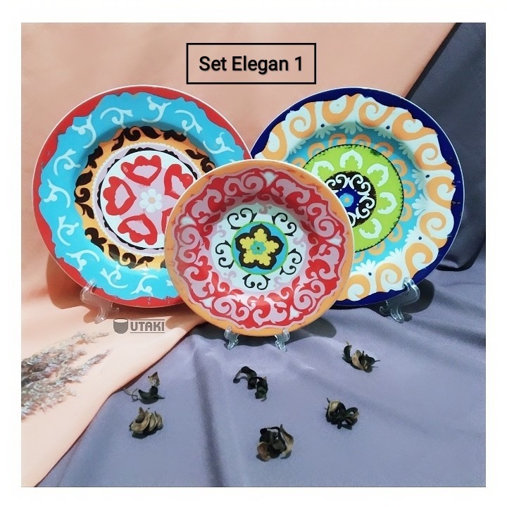(SET) Elegan Piring Motif / Walldecor Plate / Pajangan Keramik / Piring Saji Kue / Piring hias