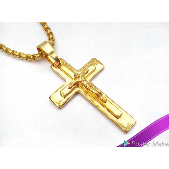 Kalung Titanium Pria Liontin Salib Jesus Gold Besar Anti Karat Selaman C69 Original