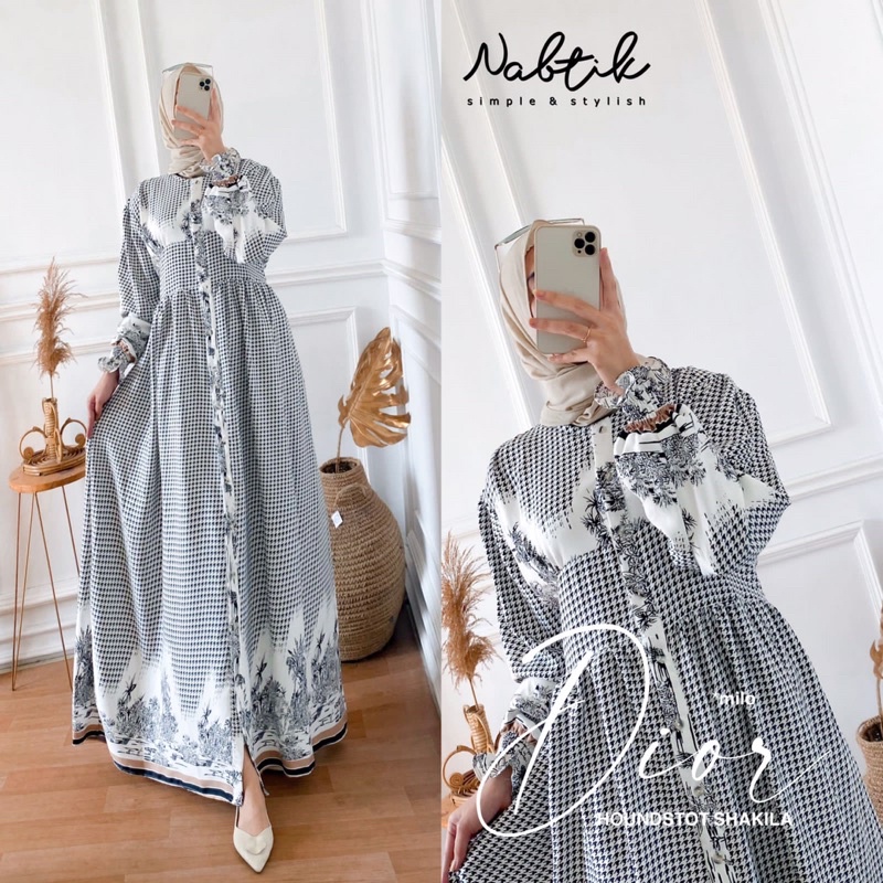 GAMIS MOTIF DIOR MAXY MAXI BAHAN SHAKILA IMPORT PRINT MOTIF BUSUI FRIENDLY BY NABTIK ALL SIZE FIT L 